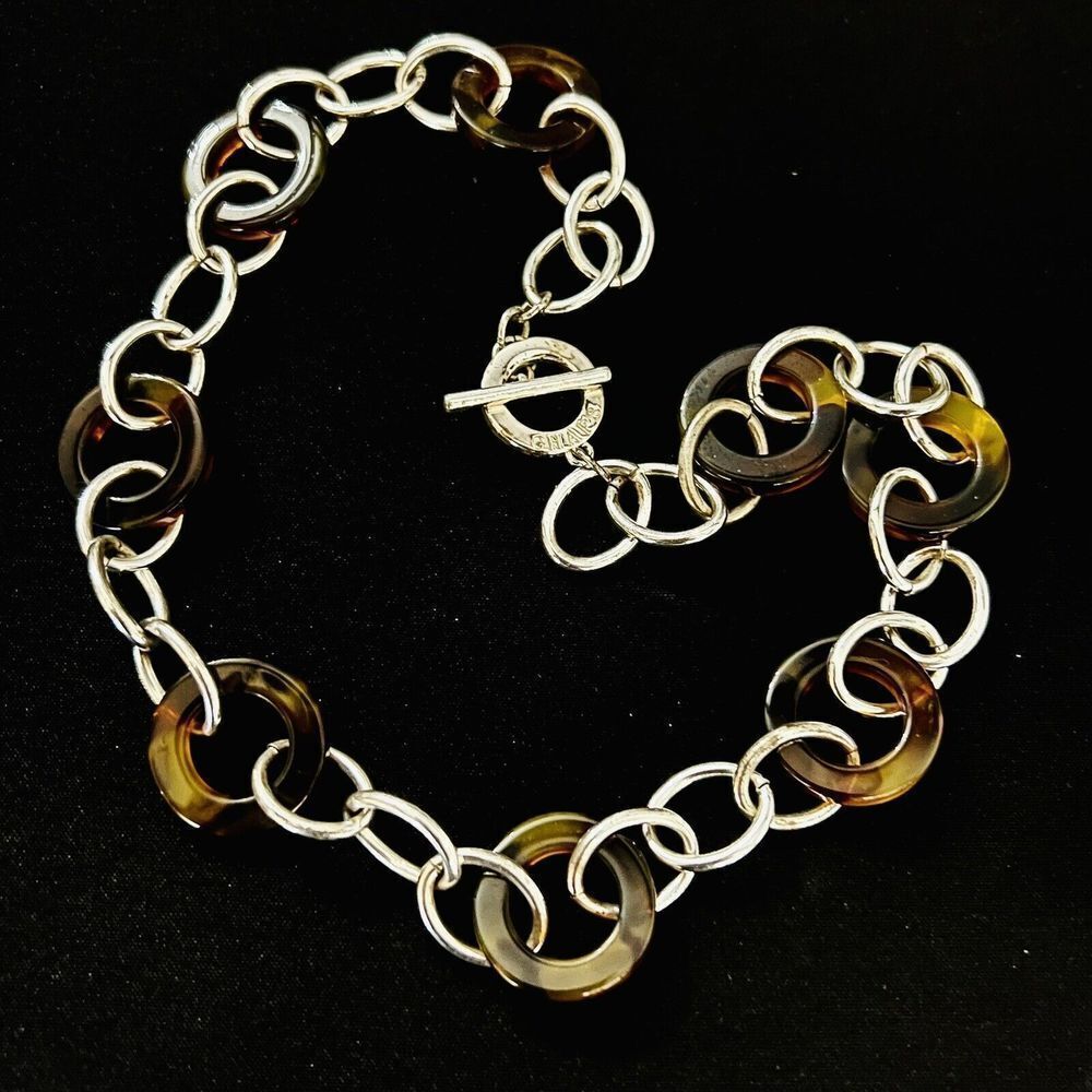 Chaps Silver Tone Necklace Faux Tortoise Shell Cabel Chain Toggle 4367